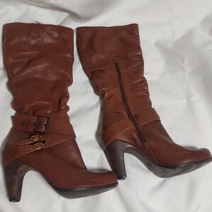 Bronx Chestnut Brown Mid-Calf Heeled Boots (3.5") with Buckle Accents